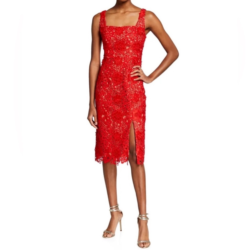 Dress the Population Red Lucy Square Neck Lace Dress